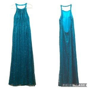 Adrianna Papell Collection Sequins Halter Neck Gown 14 Open Back Turquoise